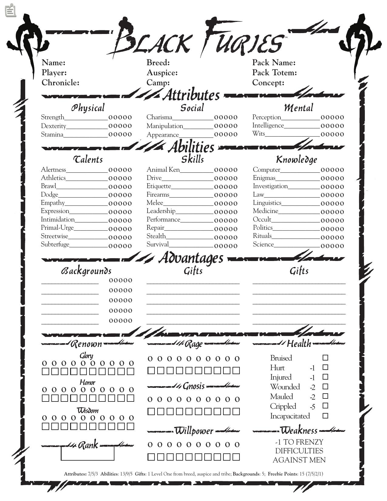 Black Furies Character Sheet