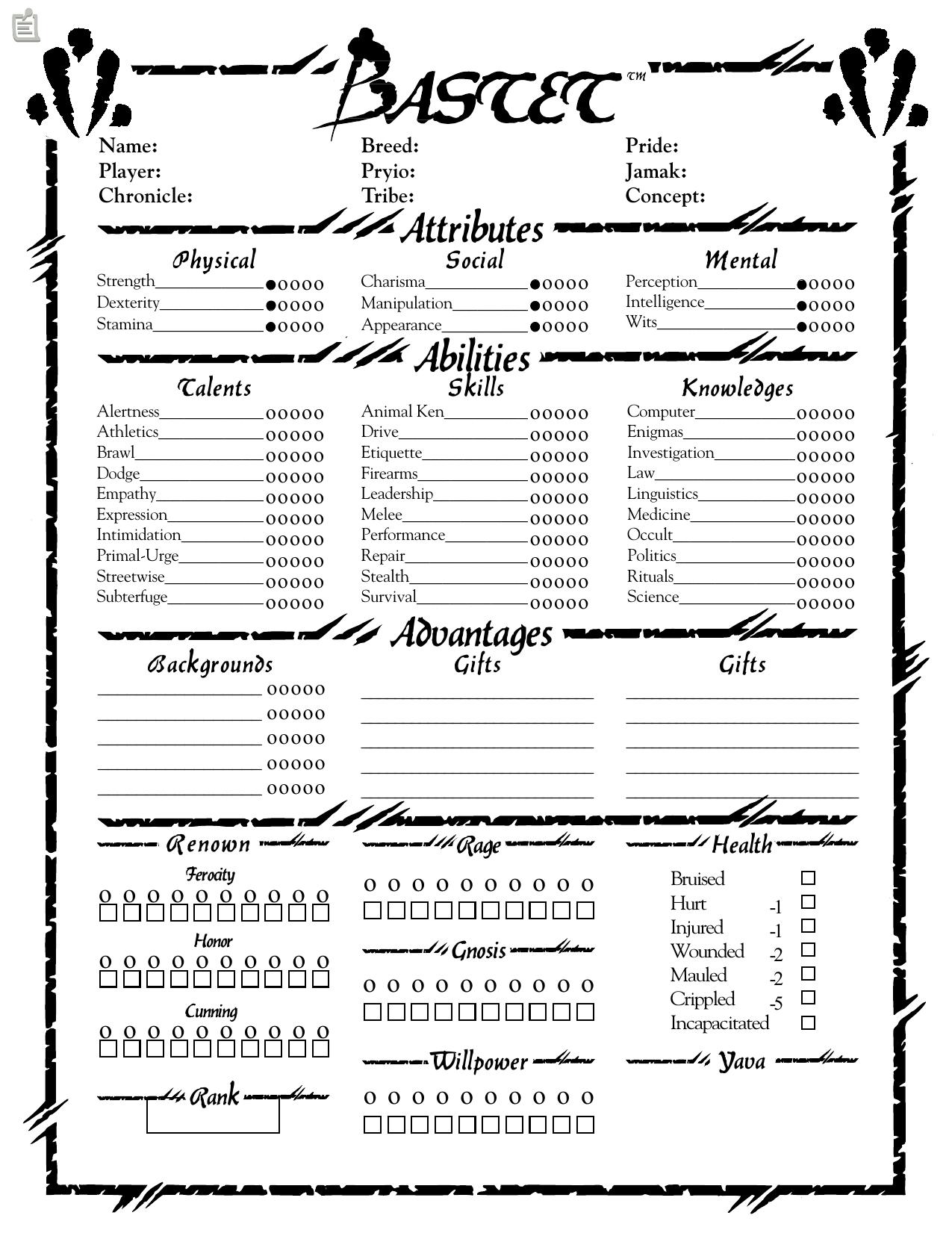 Bastet Character Sheet