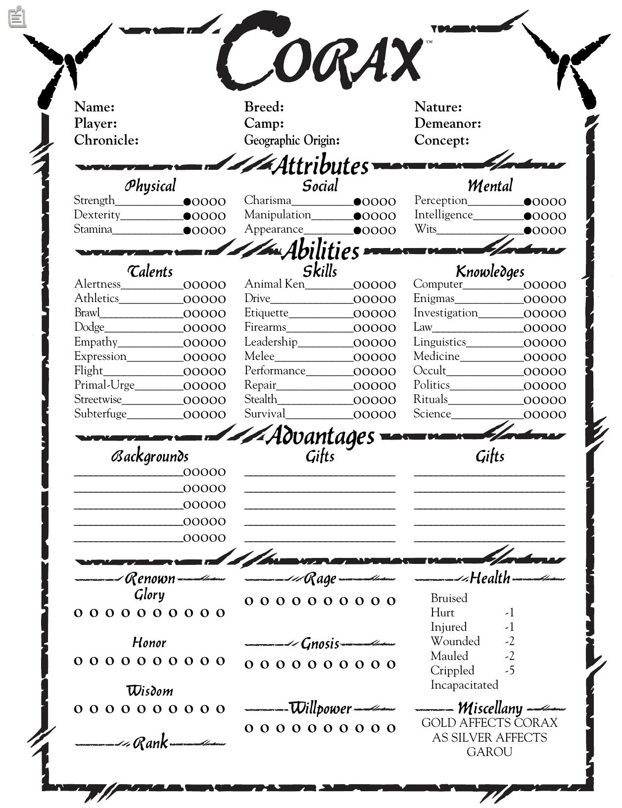 corax Character Sheet