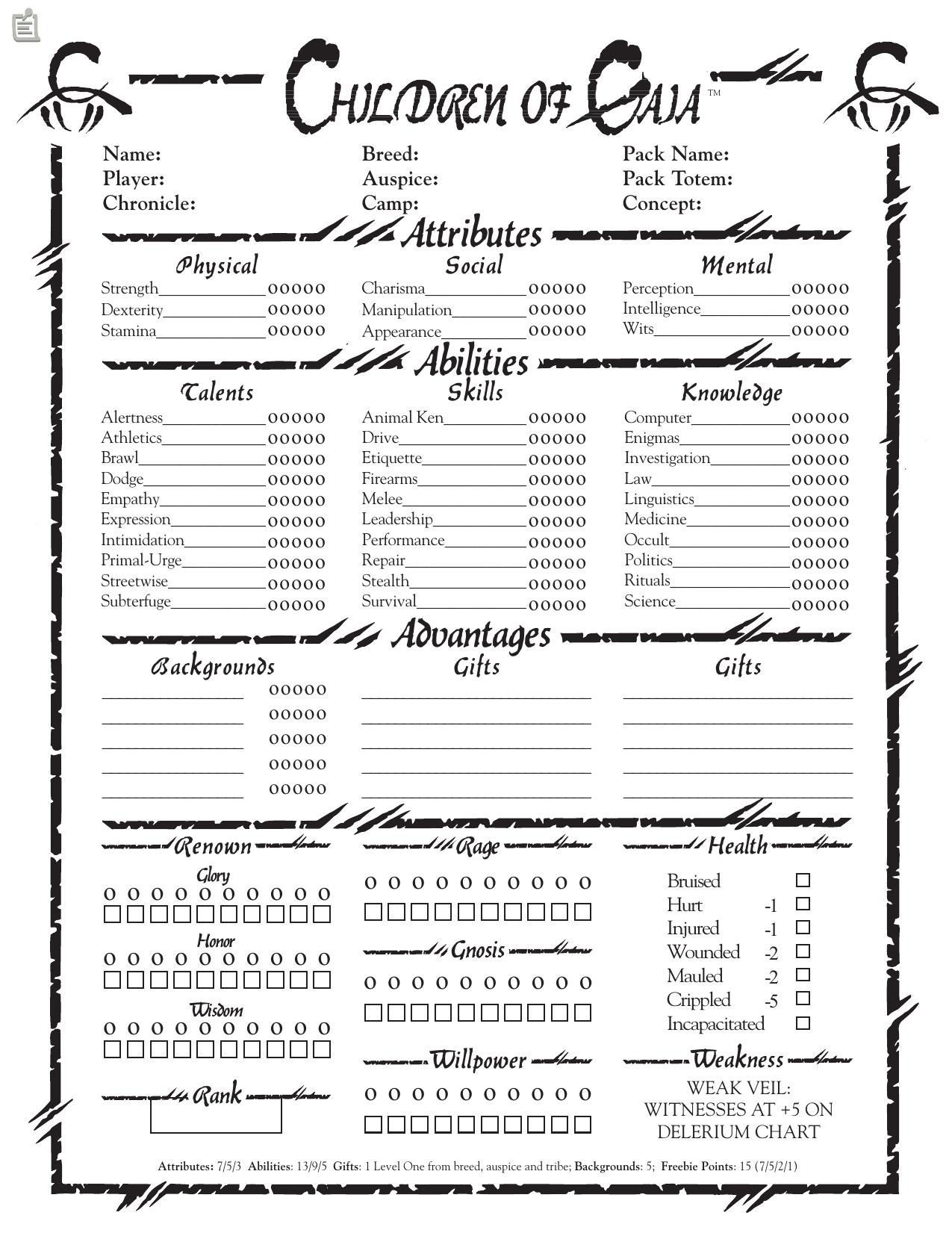 CHILDREN OF GAIA Character Sheet