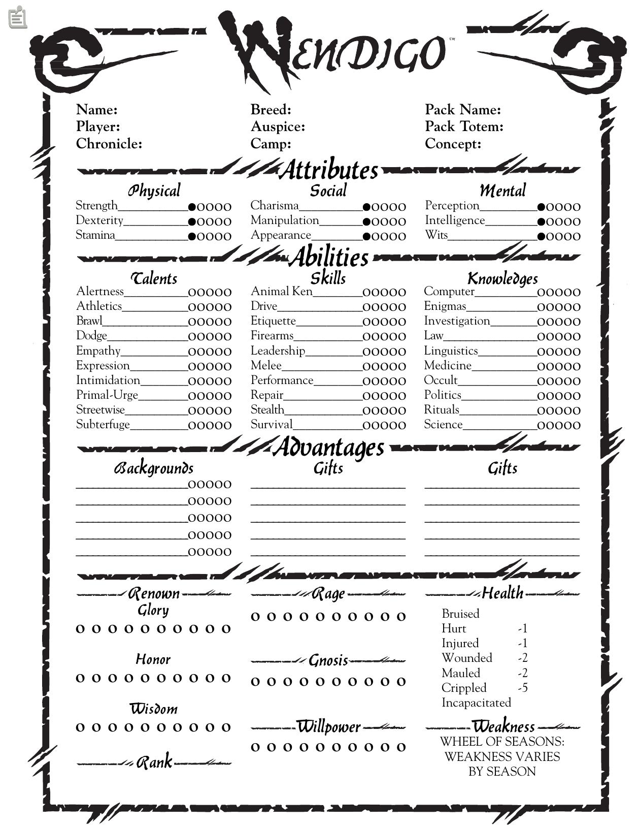 Wendigo Character Sheet