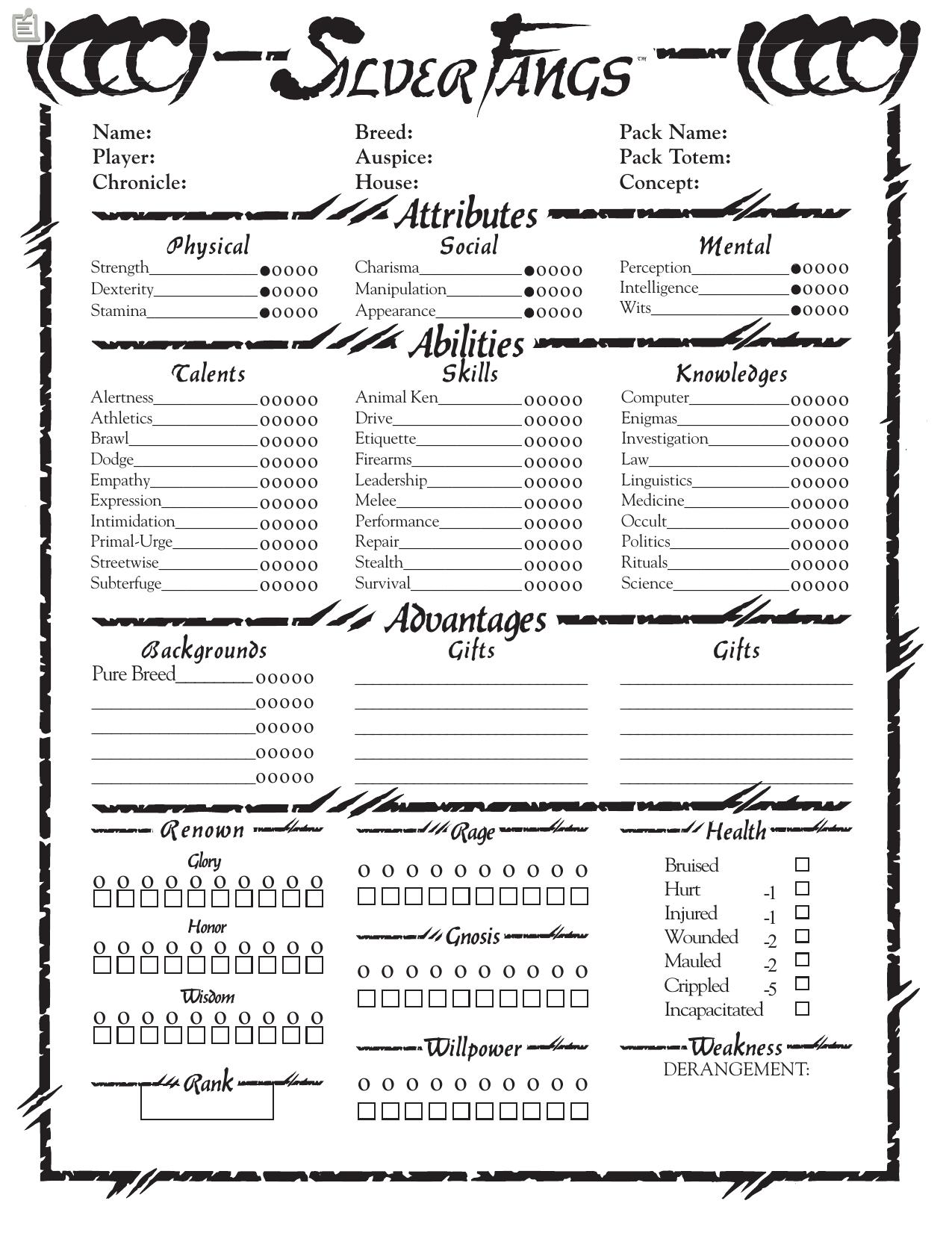 silverfangs character sheet