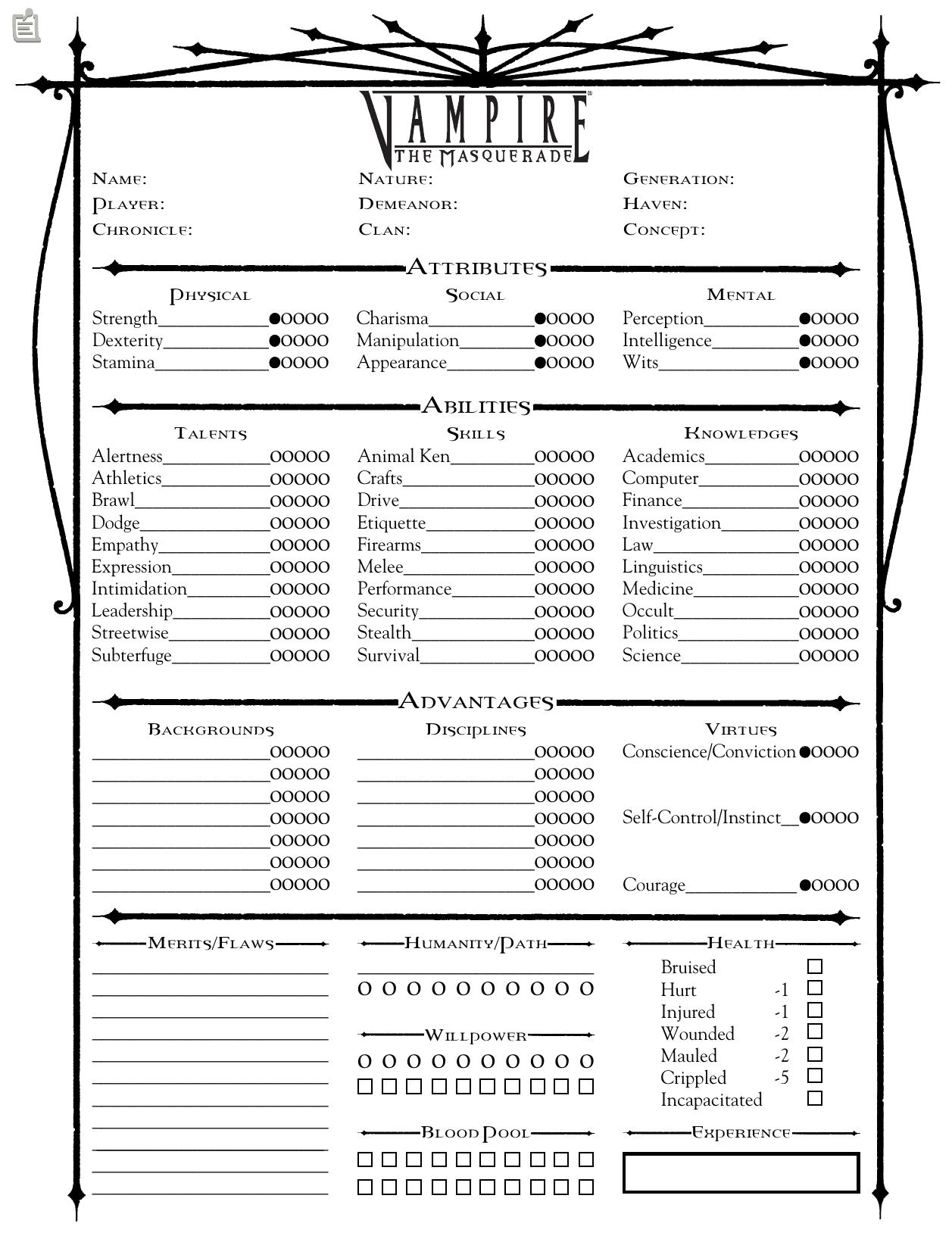 Vampire Character Sheet