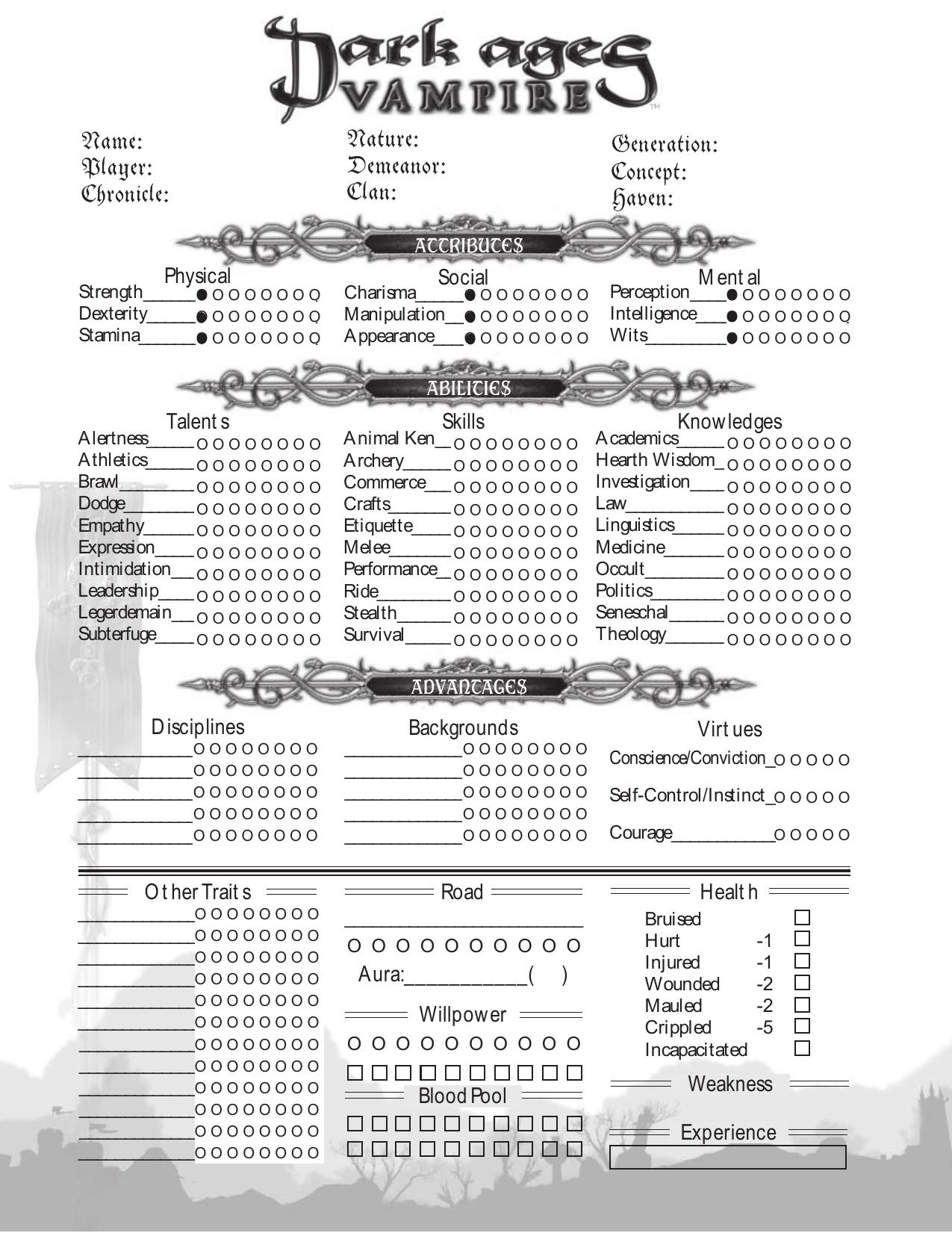 The Dark Ages Character Sheet